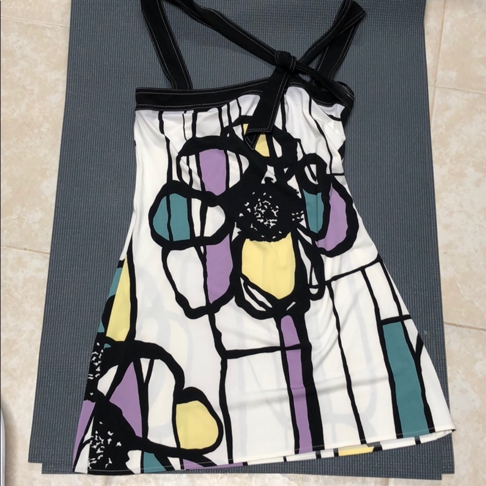 BCBGMaxAzria White Floral Mini Dress with Black, Lavender, Teal, Yellow Accents